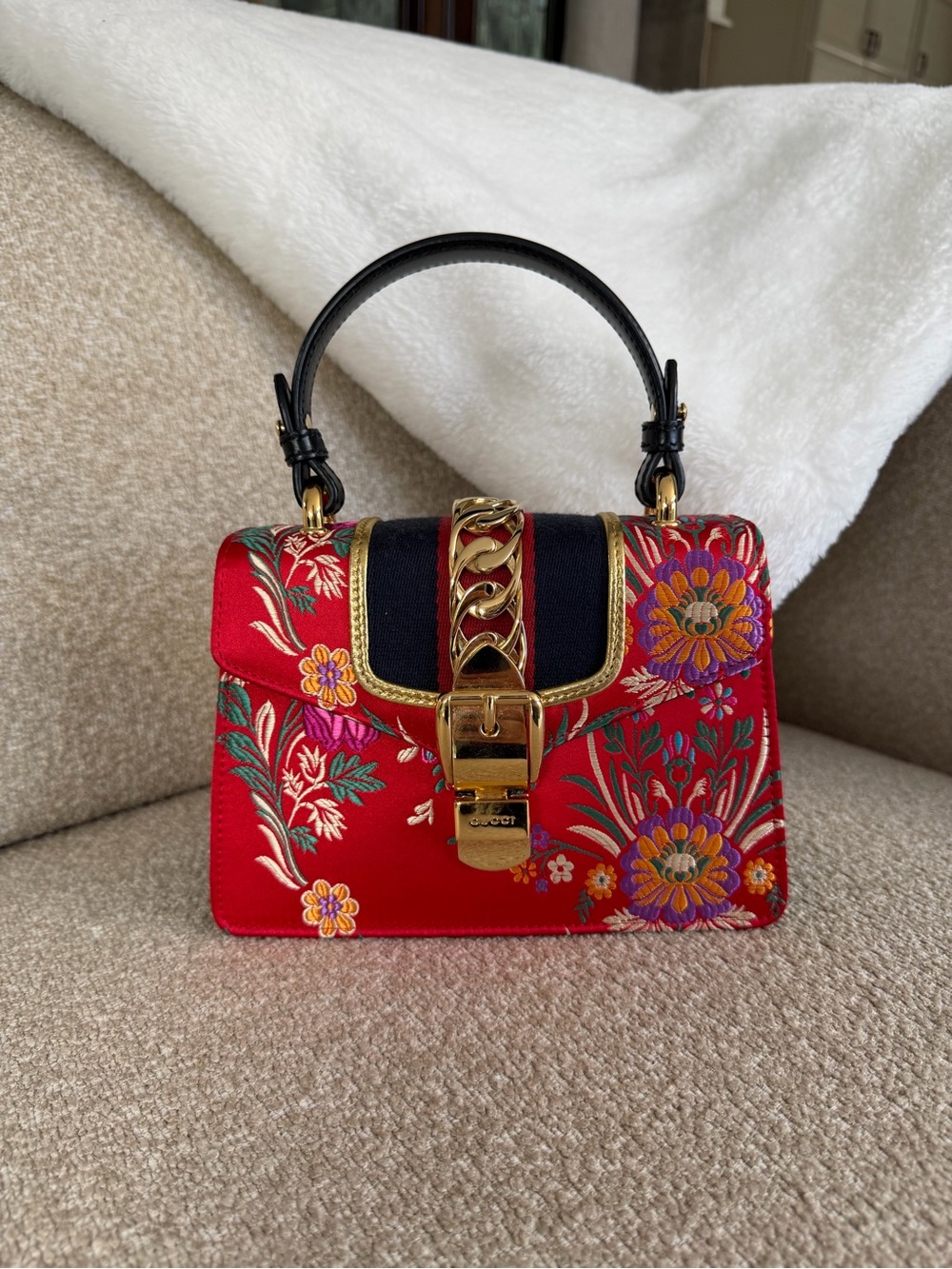 Gucci Sylvie Mini Top Handle Bag Red Floral Japanese Jacquard Web Gold Chain